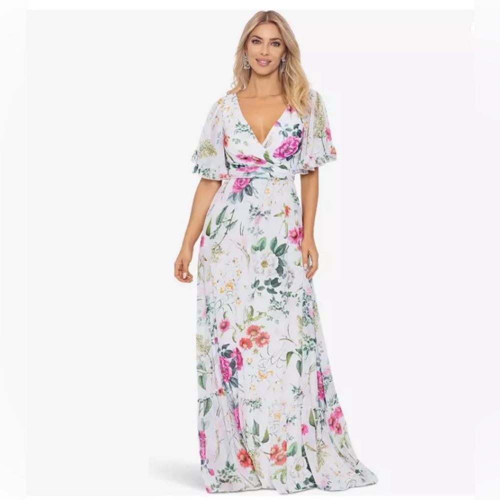Betsy & Adam Long Floral Flare Sleeve Dress Size 12 Preppy Feminine Flowy NWT
